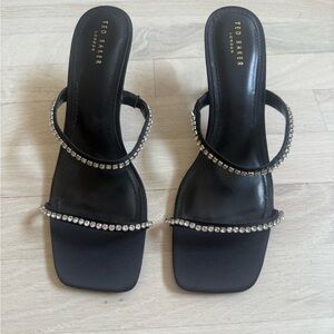 NWT! Ted Baker Black Satin Mule Heels with Rhinestone Accents Size 40/10